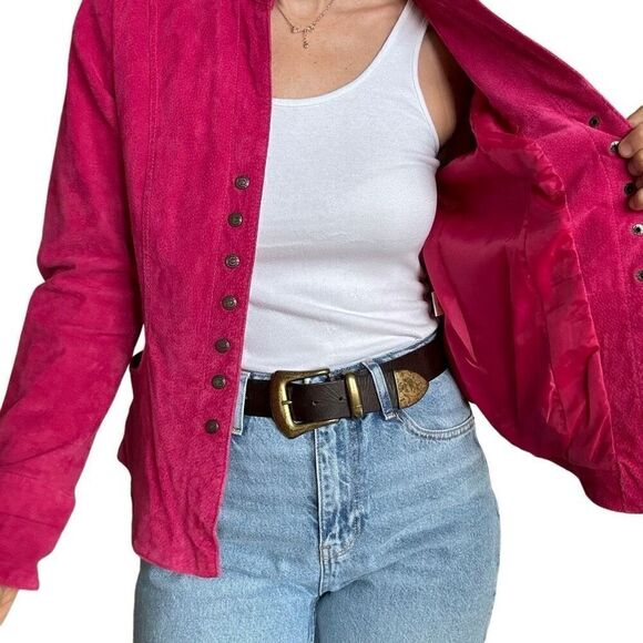 Christopher & Banks Pink Leather Jacket Size Medium Snap Closure Collared Trendy - Picture 5 of 10
